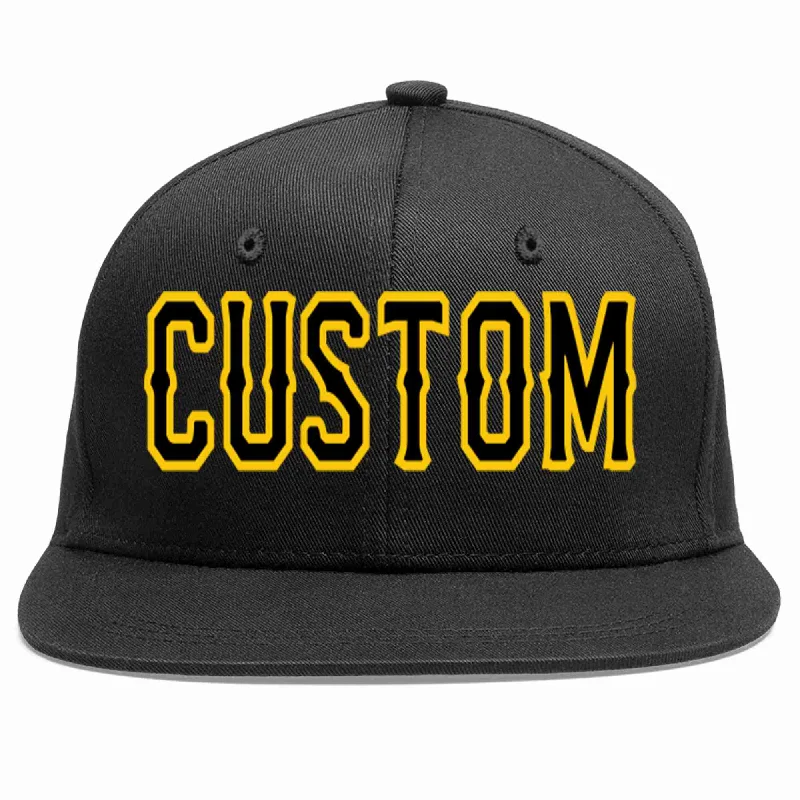 Leather Baseball Cap-Custom Black Black-Gold Casual Sport Baseball Cap