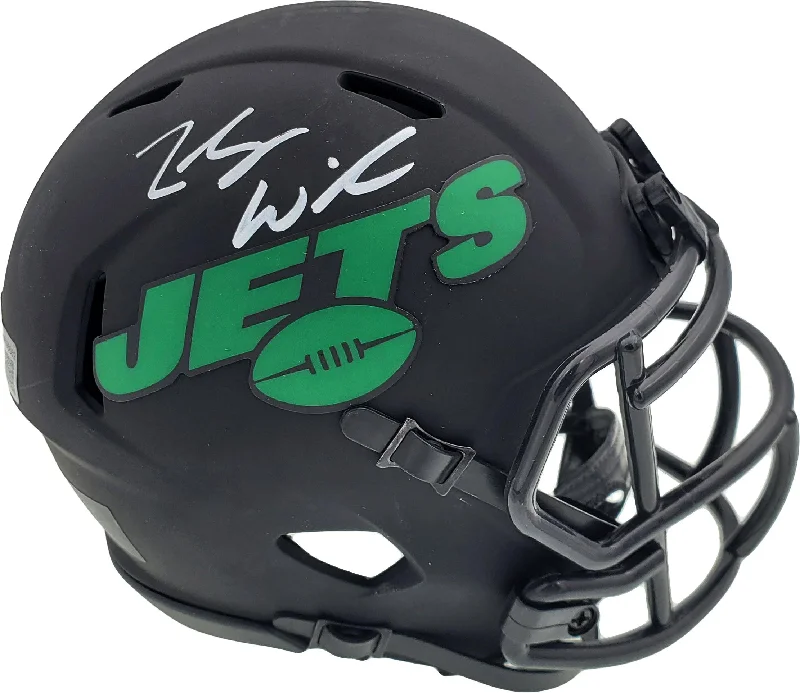 UV Protection Football Helmet-Zach Wilson Autographed New York Jets Eclipse Black Speed Mini Helmet Beckett BAS QR Stock #194723