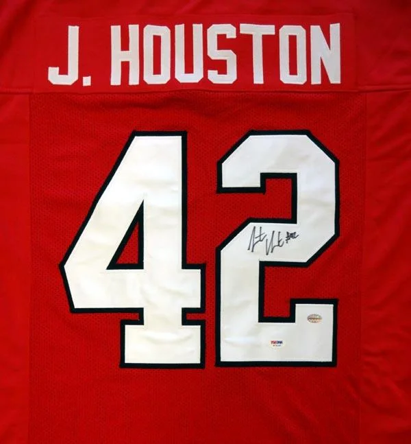 Recycled Material Football Helmet-Georgia Bulldogs Justin Houston Autographed Red Jersey PSA/DNA Stock #81760