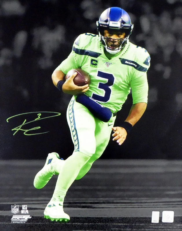 Silver Football Helmet-Russell Wilson Autographed 16x20 Photo Seattle Seahawks RW Holo Stock #160938