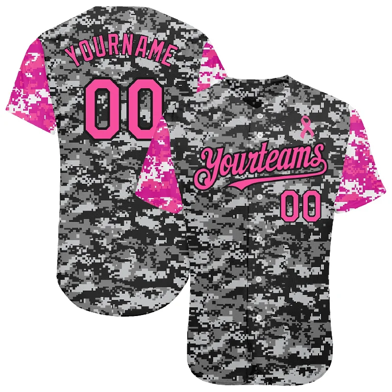 Short Sleeve Baseball Jersey-Custom Camo Pink-Black 3D Pink Ribbon Breast Cancer Awareness Month Women Health Care Support Authentic Baseball Jersey