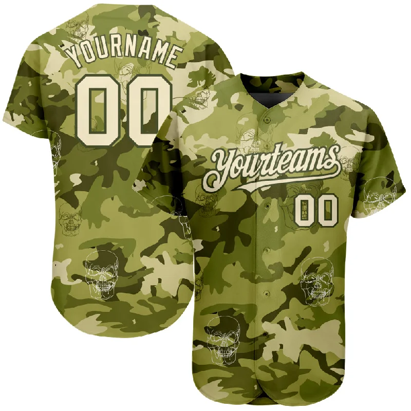 Commemorative Baseball Jersey-Custom Camo Cream-Olive 3D Skull Fashion Authentic Baseball Jersey