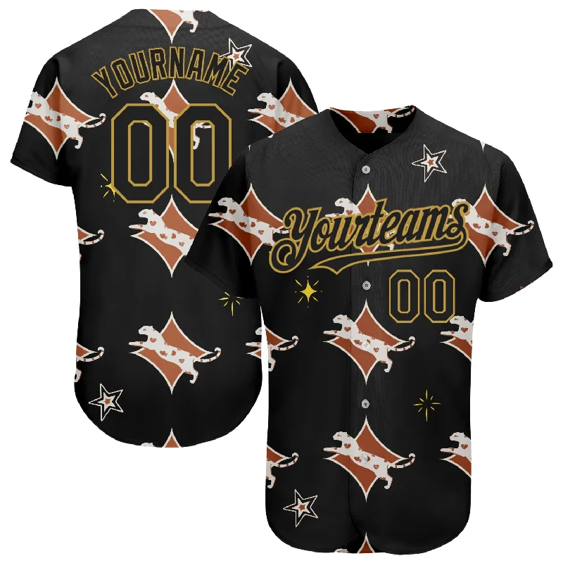 Name and Number Baseball Jersey-Custom Black Old Gold 3D Pattern Design Leopard Authentic Baseball Jersey