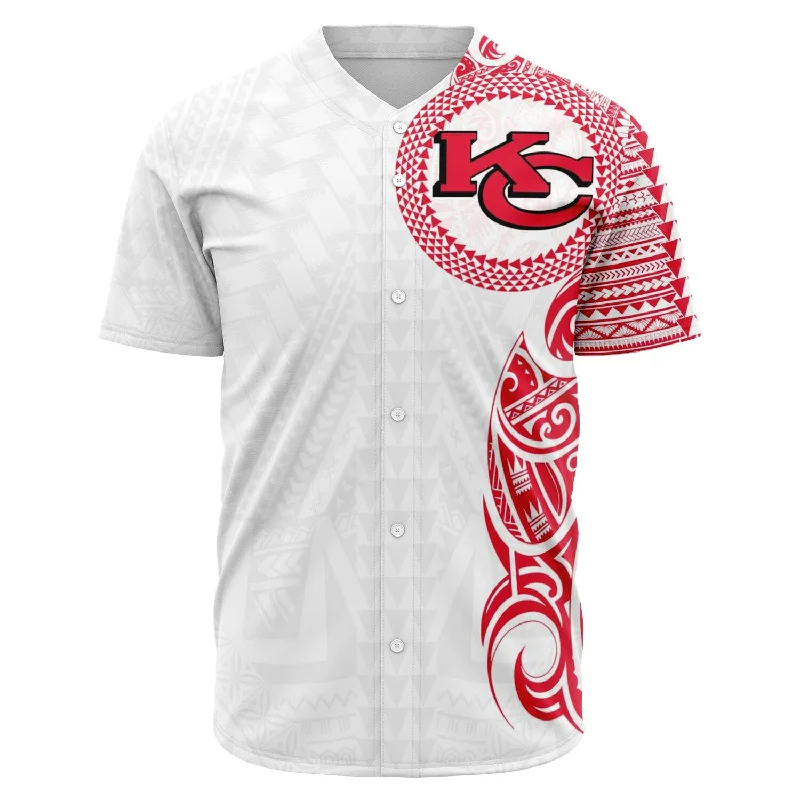 Collared Baseball Jersey-Kansas City Chiefs Shirt - Polynesian Design Chiefs Shirt White