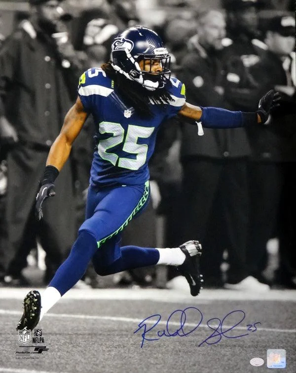 Blue Football Helmet-Richard Sherman Autographed 16x20 Photo Seattle Seahawks RS Holo Stock #74076