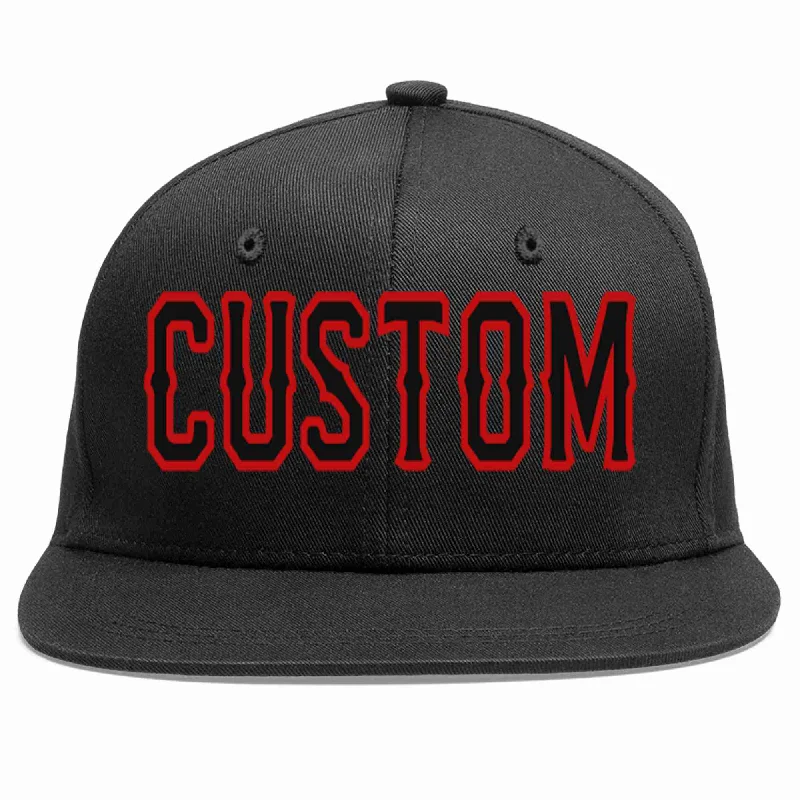 Flat Brim Baseball Cap-Custom Black Black-Red Casual Sport Baseball Cap