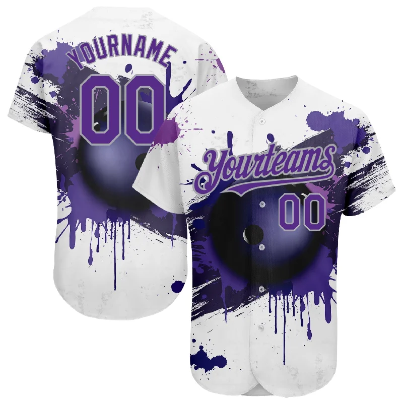 Button-Up Baseball Jersey-Custom White Purple-Gray 3D Pattern Design Bowling Ball Authentic Baseball Jersey