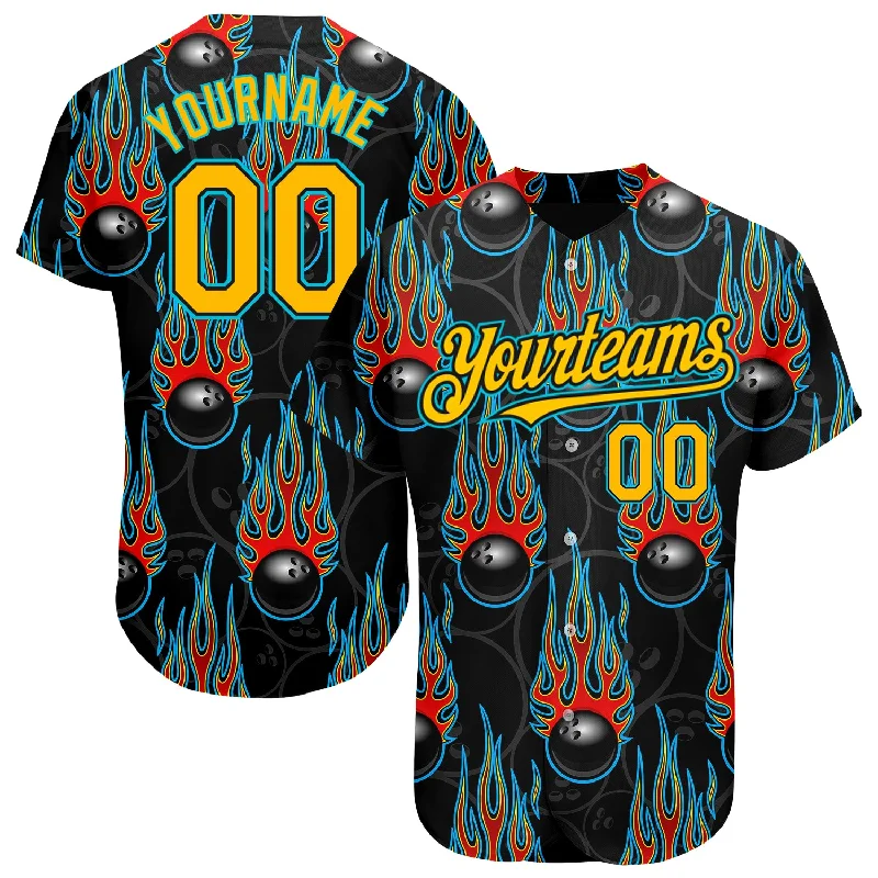 Two-Tone Baseball Jersey-Custom Black Gold-Lakes Blue 3D Pattern Design Bowling Ball With Hotrod Flame Authentic Baseball Jersey