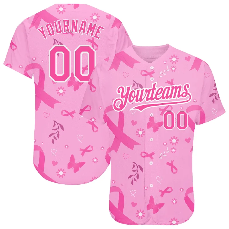 Full Button Baseball Jersey-Custom Pink White 3D Pink Ribbon Breast Cancer Awareness Month Women Health Care Support Authentic Baseball Jersey