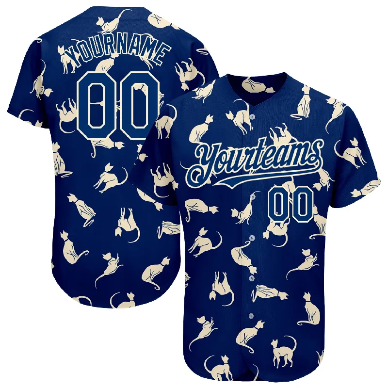 Collector’s Baseball Jersey-Custom US Navy Blue Cream 3D Pattern Design Cat Authentic Baseball Jersey