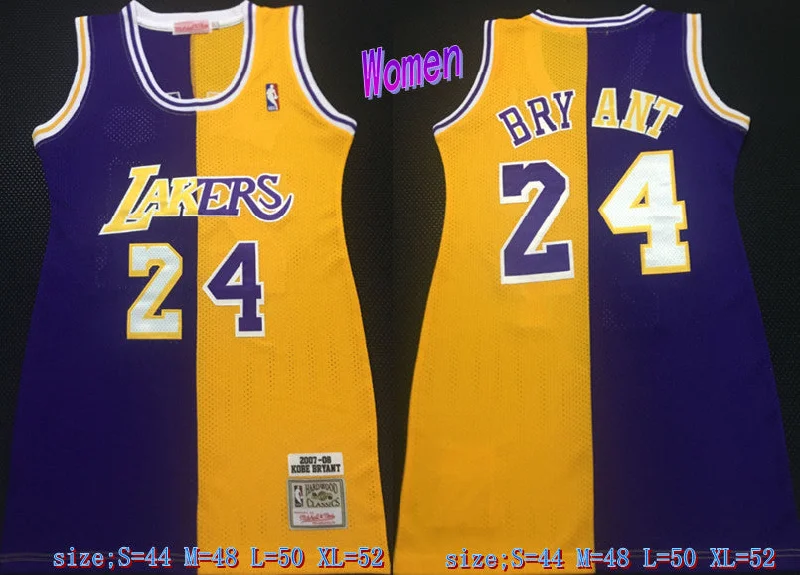 Recycled Material Basketball Jersey-Lakers 24 Kobe Bryant Split Yellow Purple Women 2007-08 Hardwood Classics Basketball Jersey