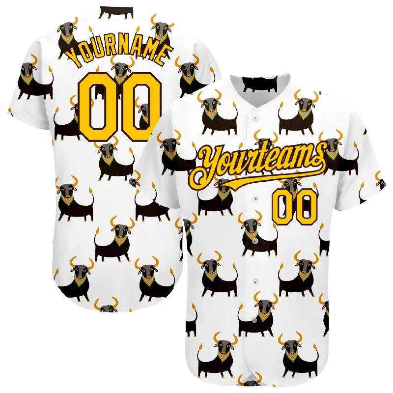 Special Edition Baseball Jersey-Custom White Yellow-Brown 3D Pattern Design Ox Authentic Baseball Jersey