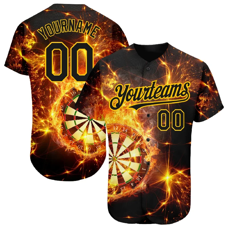 Collector’s Baseball Jersey-Custom Black Gold 3D Pattern Design Flame Dart Board Authentic Baseball Jersey