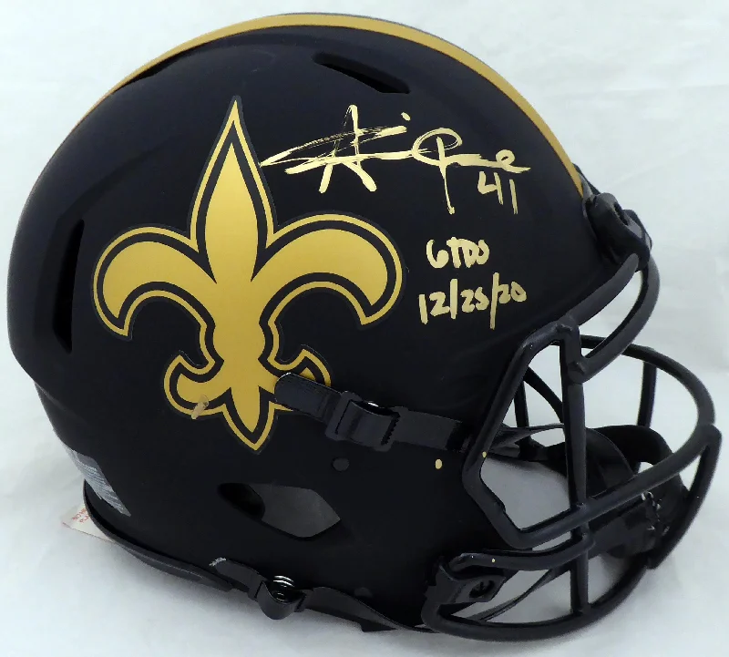 Gradient Football Helmet-Alvin Kamara Autographed New Orleans Saints Eclipse Black Full Size Authentic Speed Helmet "6 TD's 12/25/20" (Light Auto) Beckett BAS QR #WJ58535