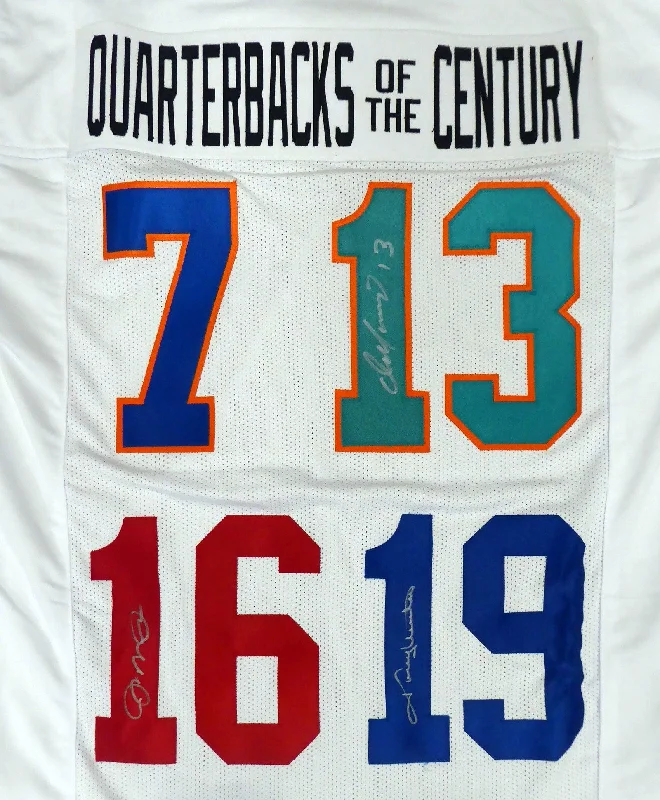 NCAA Football Helmet-Quarterbacks Of The Century Autographed White Jersey Unitas, Marino & Montana Beckett BAS #AA00353