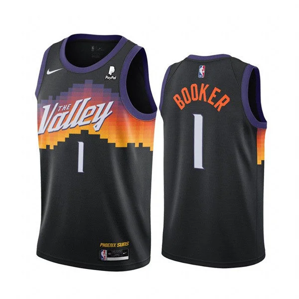 Matte Basketball Jersey-Men's Phoenix Suns #1 Devin Booker Black City Edition New Uniform 2021 Stitched Basketball Jersey (Check description if you want Women or Youth size)