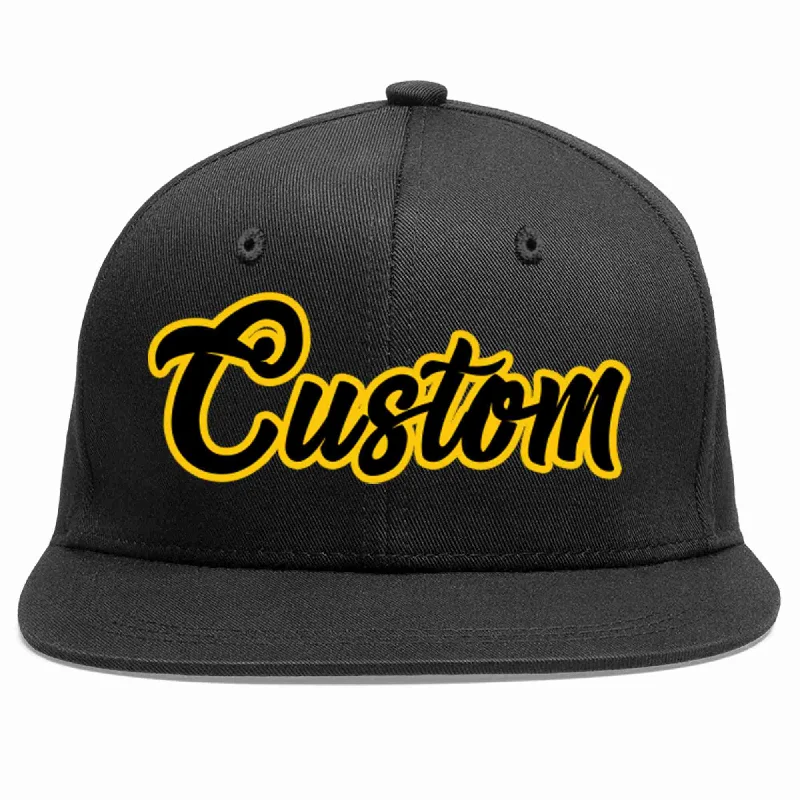 High Crown Baseball Cap-Custom Black Black-Gold Casual Sport Baseball Cap