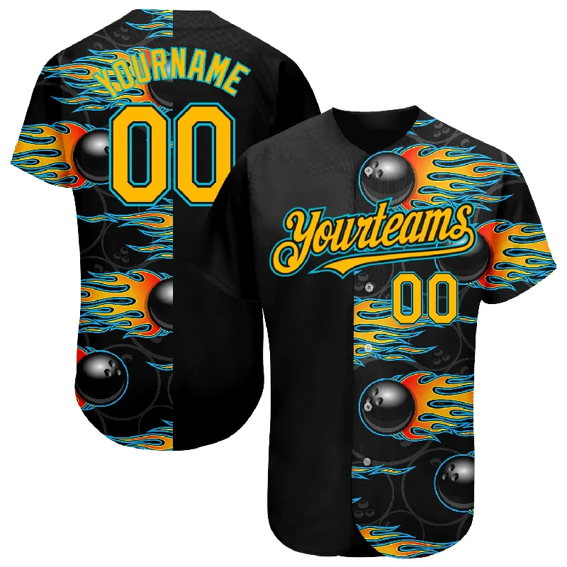 Half Button Baseball Jersey-Custom Black Gold-Lakes Blue 3D Pattern Design Bowling Ball With Hotrod Flame Authentic Baseball Jersey Ball