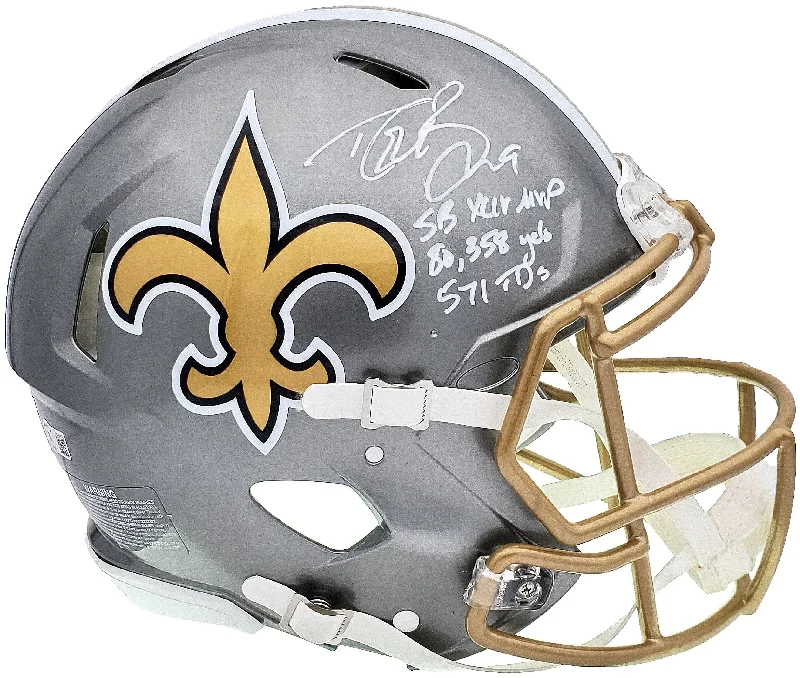 Silver Football Helmet-Drew Brees Autographed New Orleans Saints Flash Silver Full Size Authentic Speed Helmet "SB XLIV MVP, 80,358 Yards, 571 TDs" Beckett BAS QR Stock #197102