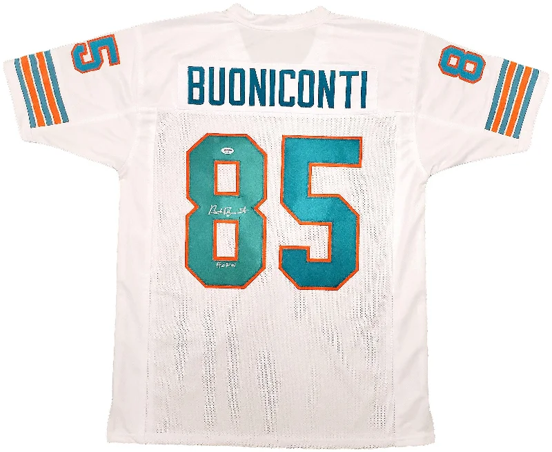 Wireless Communication Football Helmet-Miami Dolphins Nick Buoniconti Autographed White Jersey "HOF 01" PSA/DNA Stock #197010