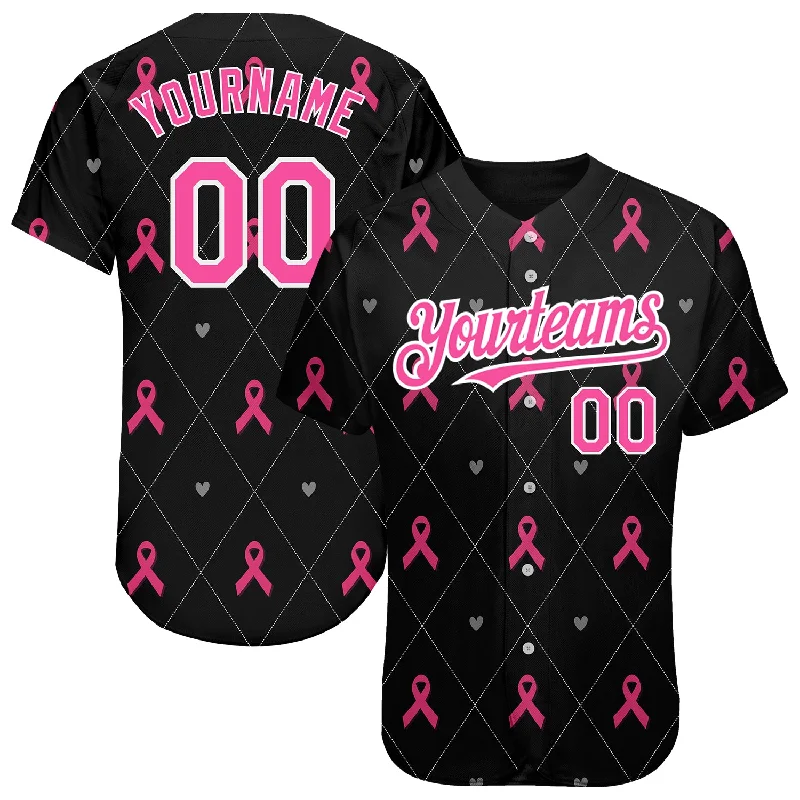 Button-Up Baseball Jersey-Custom Black Pink-White 3D Pink Ribbon Breast Cancer Awareness Month Women Health Care Support Authentic Baseball Jersey