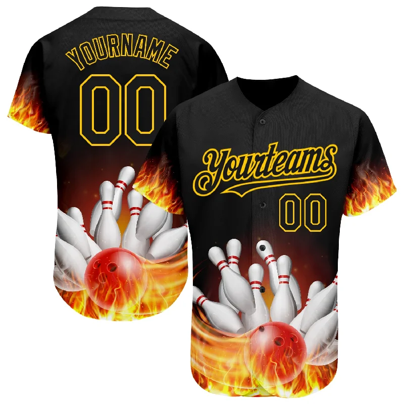 Graphic Baseball Jersey-Custom Black Gold 3D Pattern Design Flame Bowling Authentic Baseball Jersey