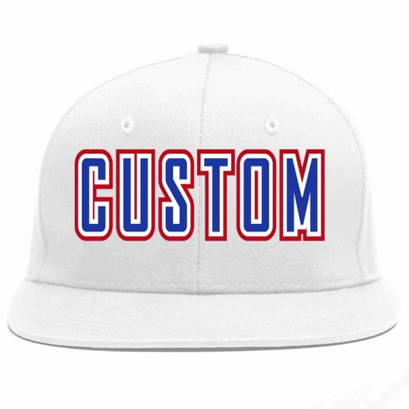 Flat Brim Baseball Cap-Custom White Royal-White Casual Sport Baseball Cap