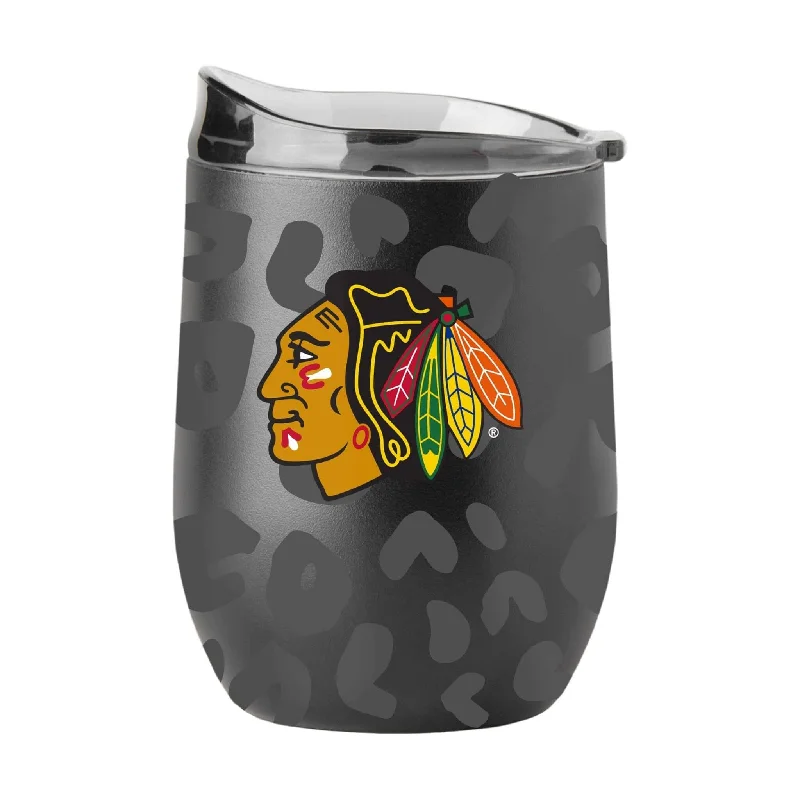 Glass Team Mug-Chicago Blackhawks Leopard 16oz Black Powder Coat Curved Beverage