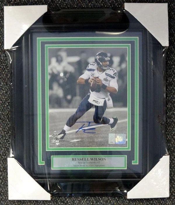 Red Football Helmet-Russell Wilson Autographed Framed 8x10 Photo Seattle Seahawks Super Bowl RW Holo Stock #80872