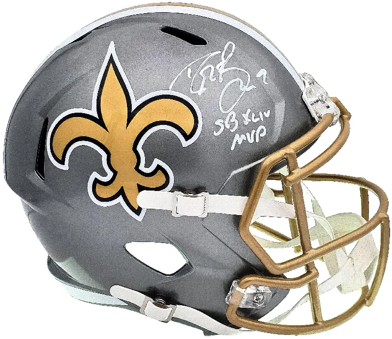 Glossy Finish Football Helmet-Drew Brees Autographed New Orleans Saints Flash Silver Full Size Replica Speed Helmet "SB XLIV MVP" Beckett BAS QR Stock #197105