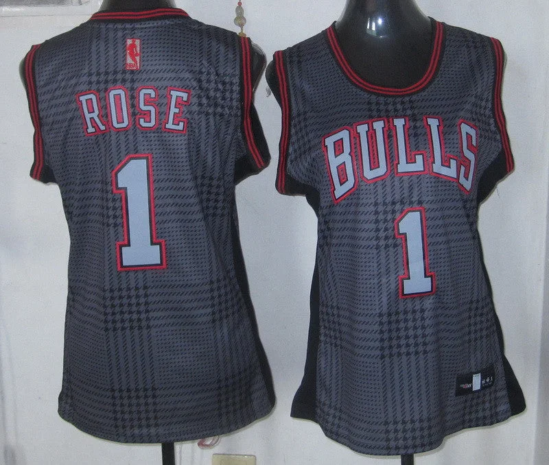 Navy Basketball Jersey-Bulls 1 Rose Grey Grid Women Basketball Jersey