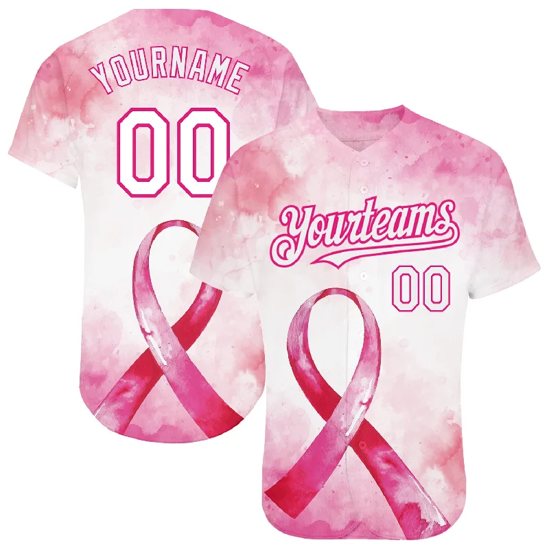 Crew Neck Baseball Jersey-Custom Pink White-Hot Pink 3D Pink Ribbon Breast Cancer Awareness Month Women Health Care Support Authentic Baseball Jersey