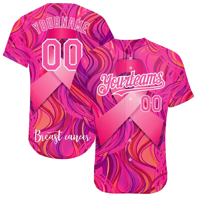 Pullover Baseball Jersey-Custom Pink White 3D Pink Ribbon Breast Cancer Awareness Month Women Health Care Support Authentic Baseball Jersey