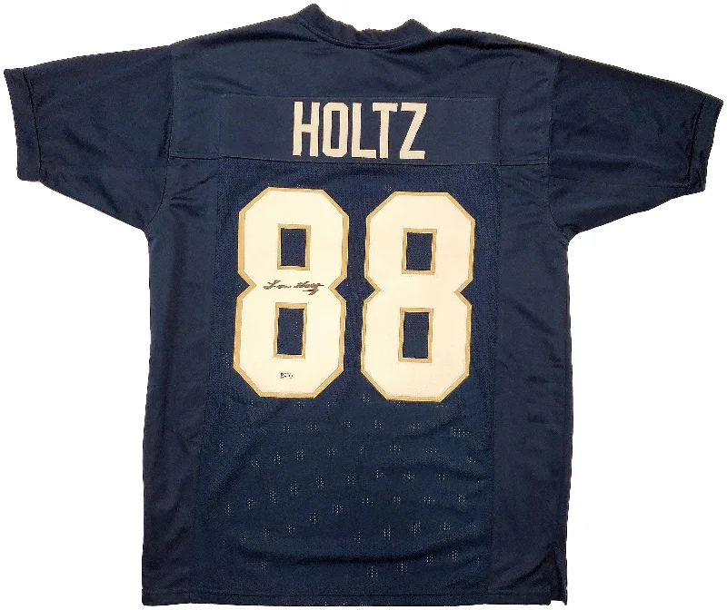 Handcrafted Football Helmet-Notre Dame Fighting Irish Lou Holtz Autographed Blue Jersey Beckett BAS Stock #196494