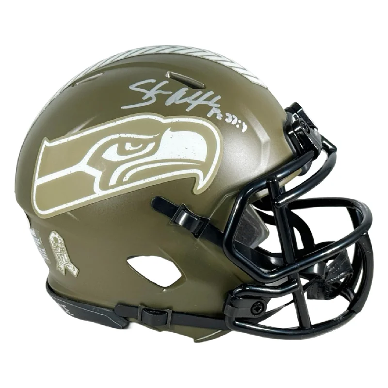 Streamlined Football Helmet-Shaun Alexander Signed Psalms Inscriptions Seattle Seahawks Salute to Service Mini Football Helmet (JSA)