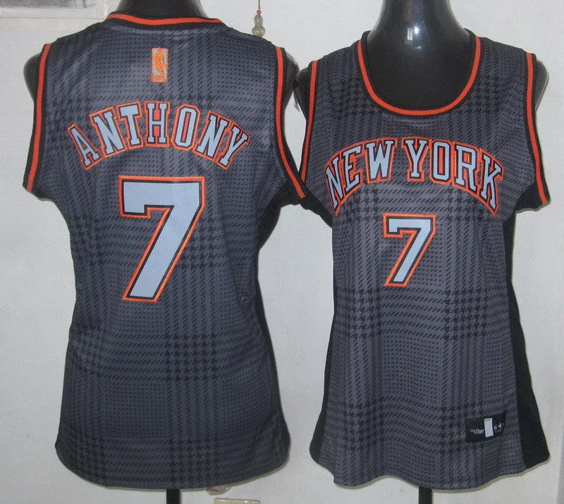 Polyester Basketball Jersey-Knicks 7 Anthony Grey Grid Women Basketball Jersey