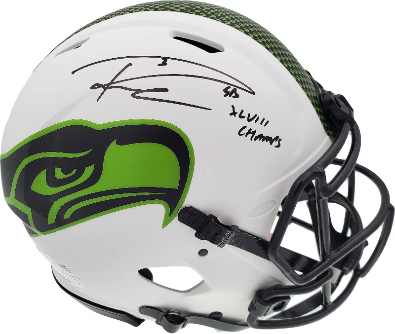 Recycled Material Football Helmet-Russell Wilson Autographed Seattle Seahawks White Lunar Eclipse Full Size Authentic Speed Helmet "SB XLVIII Champs" RW Holo & Beckett BAS Stock #194031