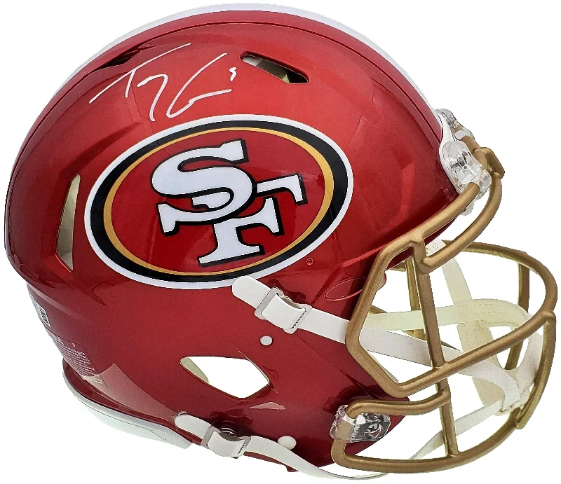 Gold Football Helmet-Trey Lance Autographed San Francisco 49ers Flash Red Full Size Authentic Speed Helmet Beckett BAS QR Stock #197091