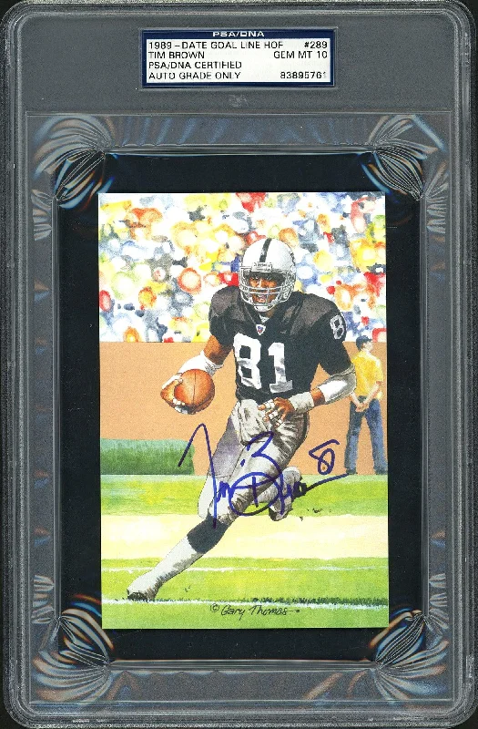 Heavy-Duty Football Helmet-Tim Brown Autographed Goal Line Art Postcard #289 Los Angeles Raiders Gem Mint 10 PSA/DNA Stock #104323