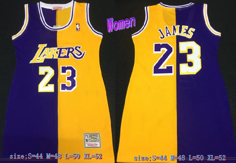 Embroidered Basketball Jersey-Lakers 23 LeBron James Split Purple Yellow Women Hardwood Classics Mesh Basketball Jersey