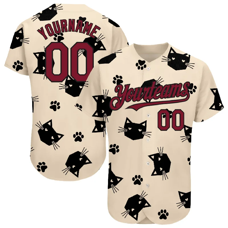 Fan Edition Baseball Jersey-Custom Cream Crimson-Black 3D Pattern Design Cat Authentic Baseball Jersey