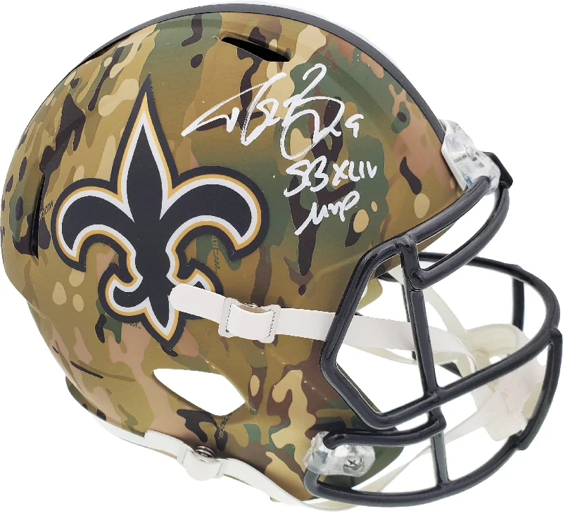 Classic Football Helmet-Drew Brees Autographed New Orleans Saints Camo Full Size Replica Speed Helmet "SB XLIV MVP" Beckett BAS Stock #191124