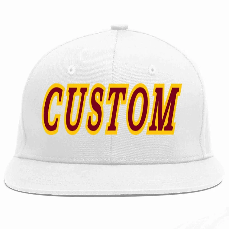 Leather Baseball Cap-Custom White Crimson-Gold Casual Sport Baseball Cap