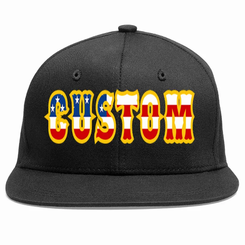 Patchwork Baseball Cap-Custom Black Vintage?USA?Flag-Gold Casual Sport Baseball Cap