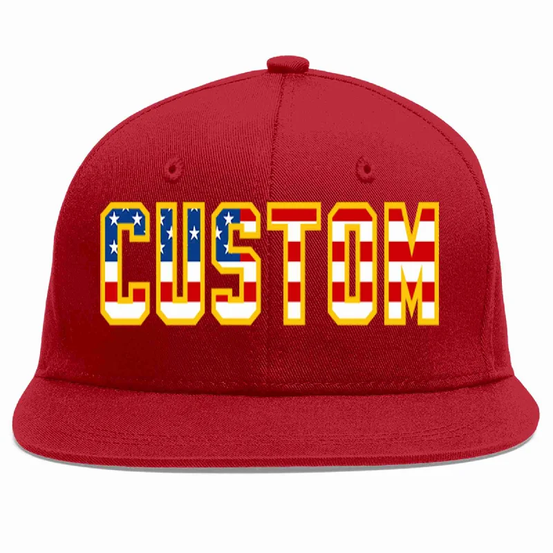 Metallic Baseball Cap-Custom Red Vintage USA Flag-Gold Casual Sport Baseball Cap