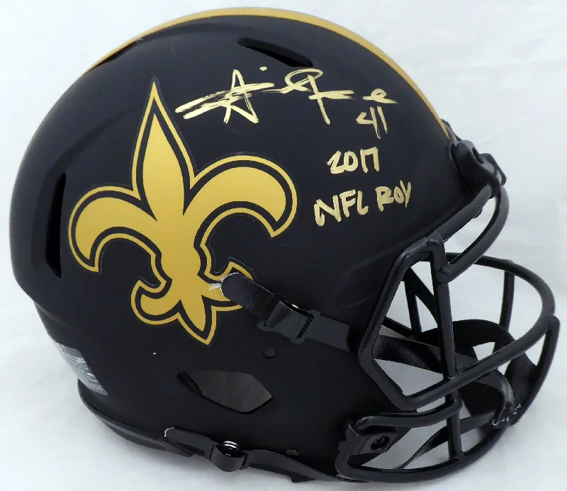 Two-Tone Football Helmet-Alvin Kamara Autographed New Orleans Saints Eclipse Black Full Size Authentic Speed Helmet "2017 NFL ROY" (Light Auto) Beckett BAS QR #WJ58346