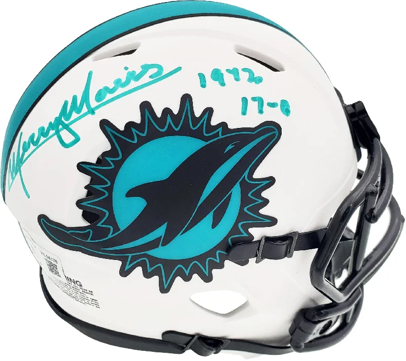 Gold Football Helmet-Mercury Morris Autographed Miami Dolphins Lunar Eclipse White Speed Mini Helmet "1972 17-0" Beckett BAS QR Stock #194065