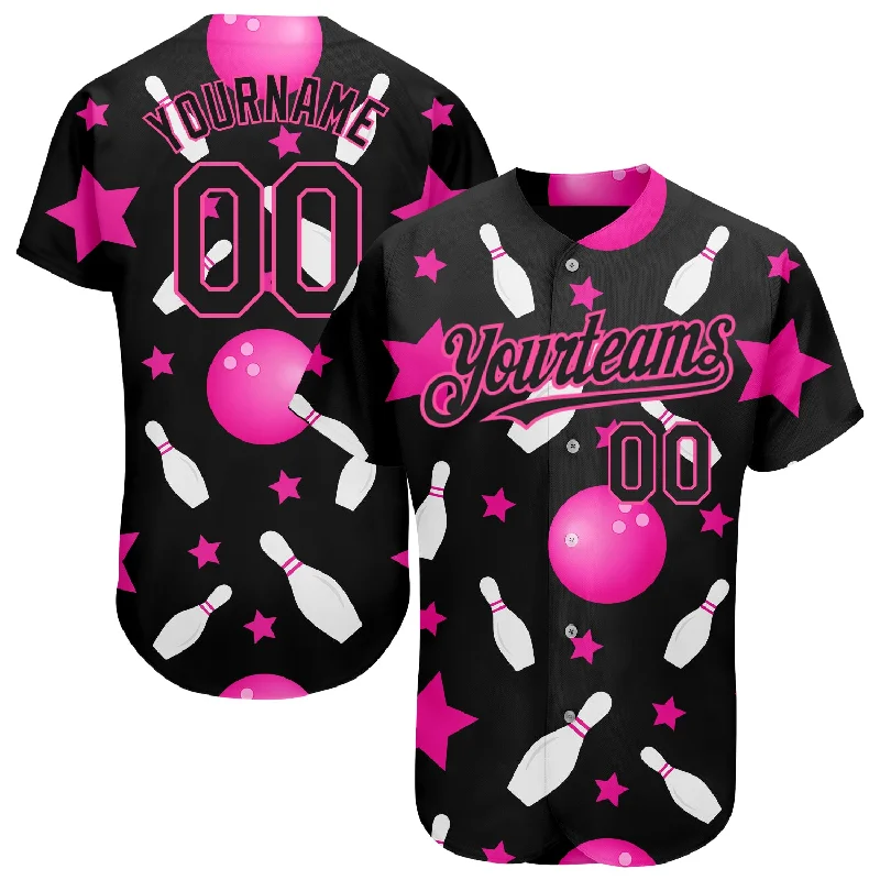 Short Sleeve Baseball Jersey-Custom Black Pink 3D Pattern Design Bowling Authentic Baseball Jersey