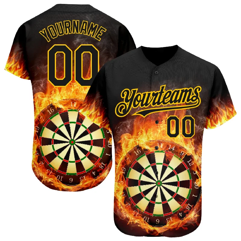 Graphic Baseball Jersey-Custom Black Gold 3D Pattern Design Flame Dart Board Authentic Baseball Jersey