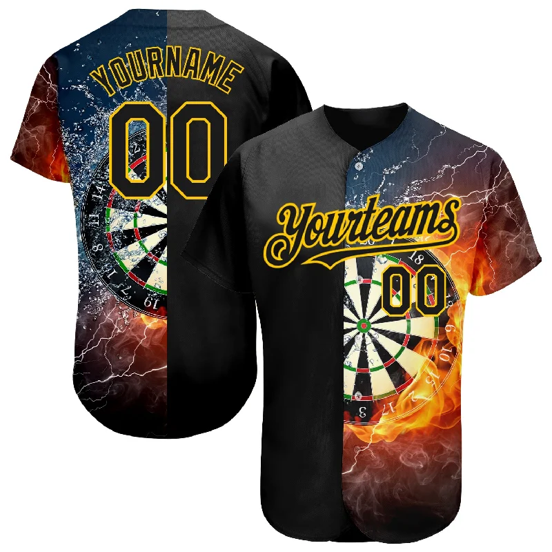 Fan Edition Baseball Jersey-Custom Black Gold 3D Pattern Design Flame Dart Board Authentic Baseball Jersey